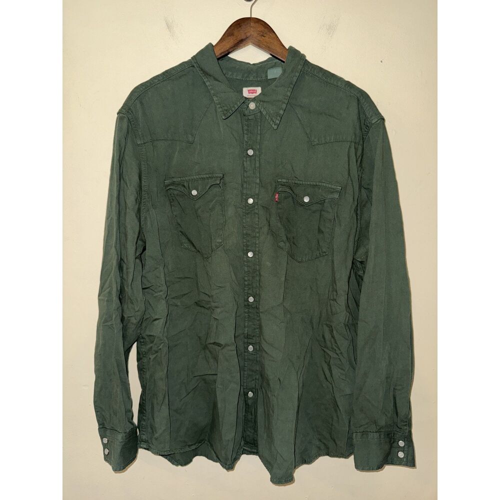 Levi’s Mens XXL Olive Green Pearl Snap Western Shirt Long Sleeve Standard Fit